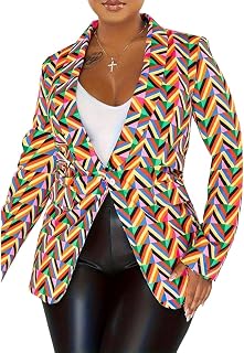 Geometric Print Blazer, Multicolor Pattern, Long Sleeve Business Casual ...