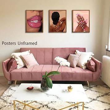 Black Womenl Pink Wall Art Aesthetic Set of 3, African American Black Girl Canvas Posters Fashion Black Girl Wall Pictures Prints , for Living Room Bedroom Bathroom Home Decor 16x12inch Unframed