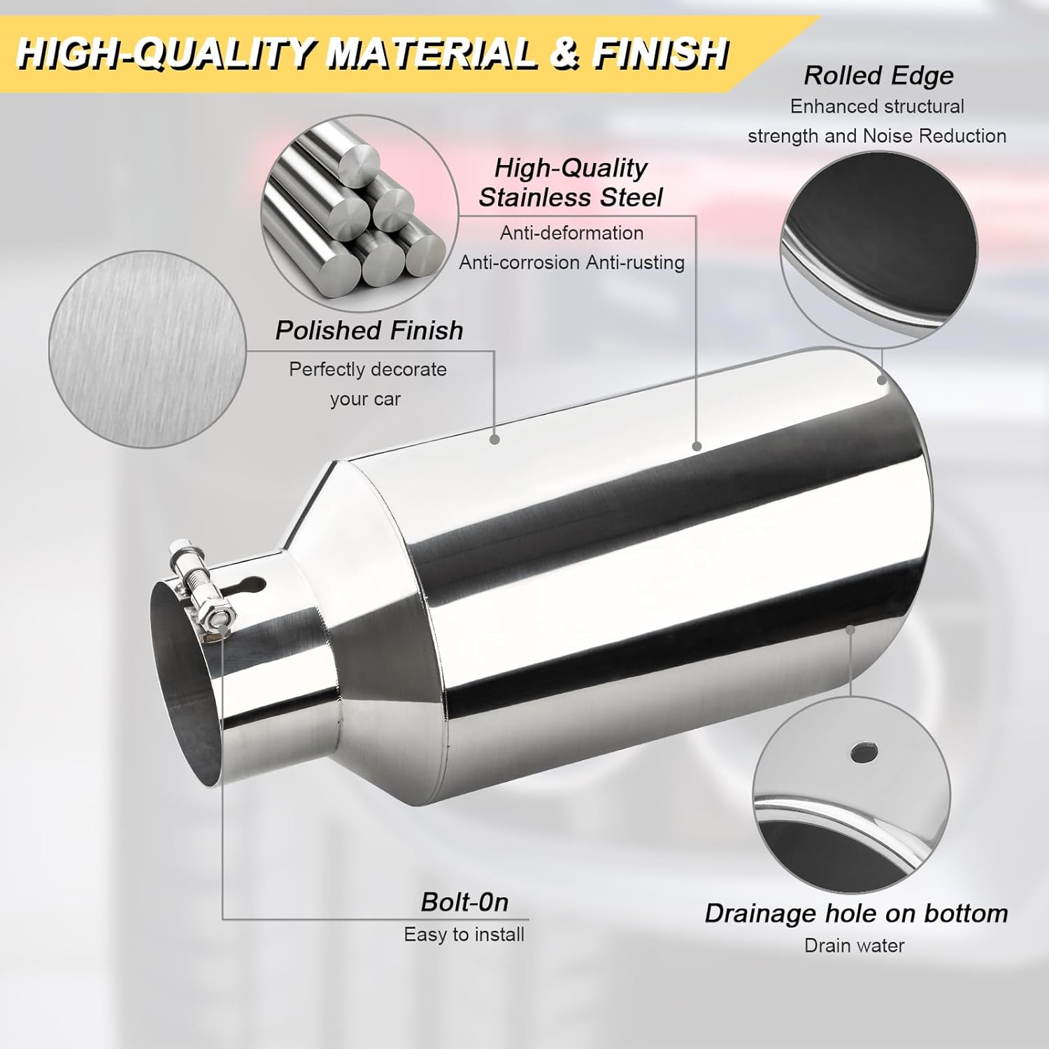 4 inch Inlet Exhaust Tip, 7" Outlet 15" Overall Length Stainless Steel Exhaust Tail Pipe, Bolt-On, Rolled Edge, Slant Sleek Angle Cut, Polished Tailpipe, Silvery