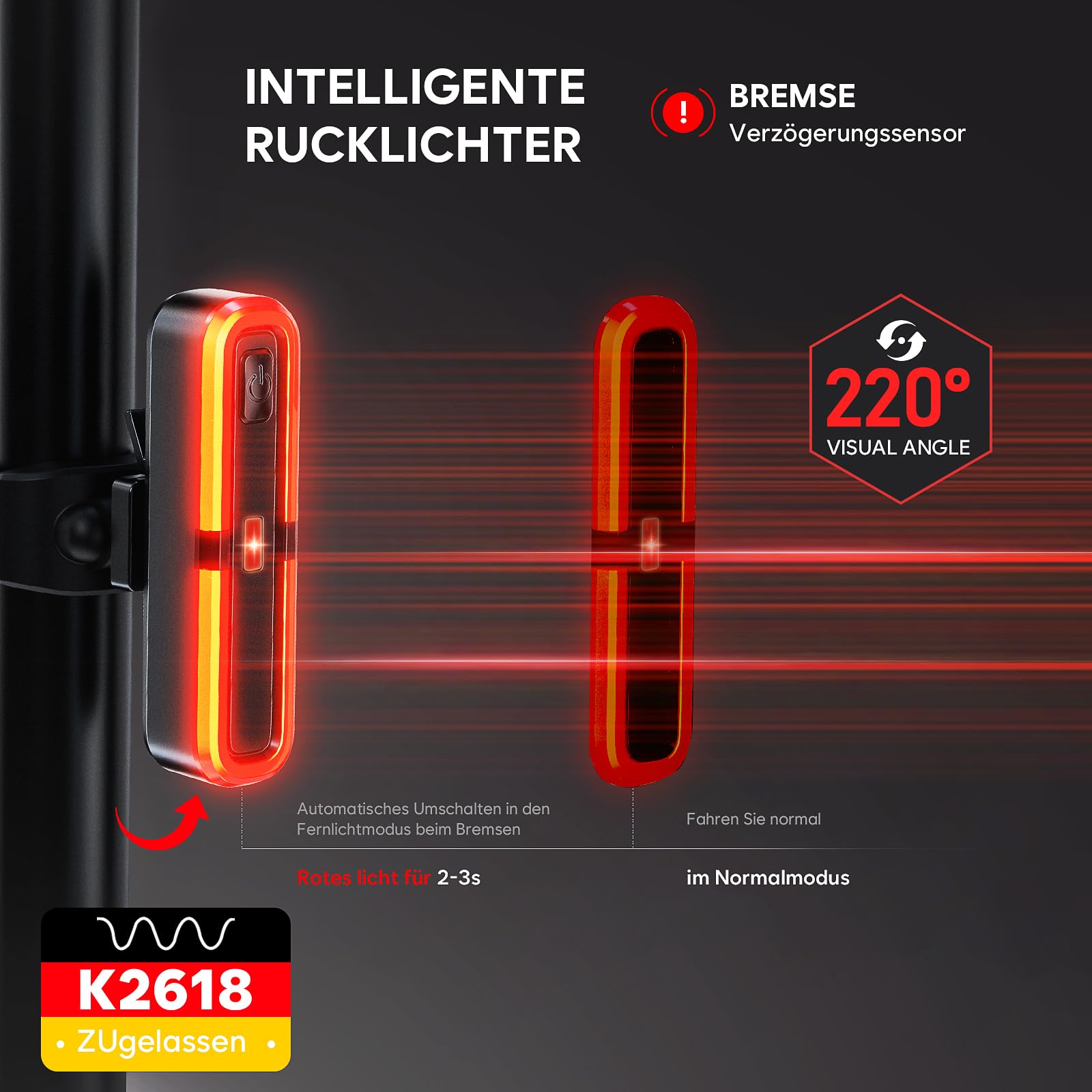 Fahrradlicht Set 100LUX, Fahrradrücklicht Mit Bremsfernlichtfunktion, Aufladbar Fahrradlampe mit 3200mAh Akku, StVZO zugelassen, IPX5 Wasserdicht Frontlicht & Rücklicht Set für Fahrrad MTB Ebike