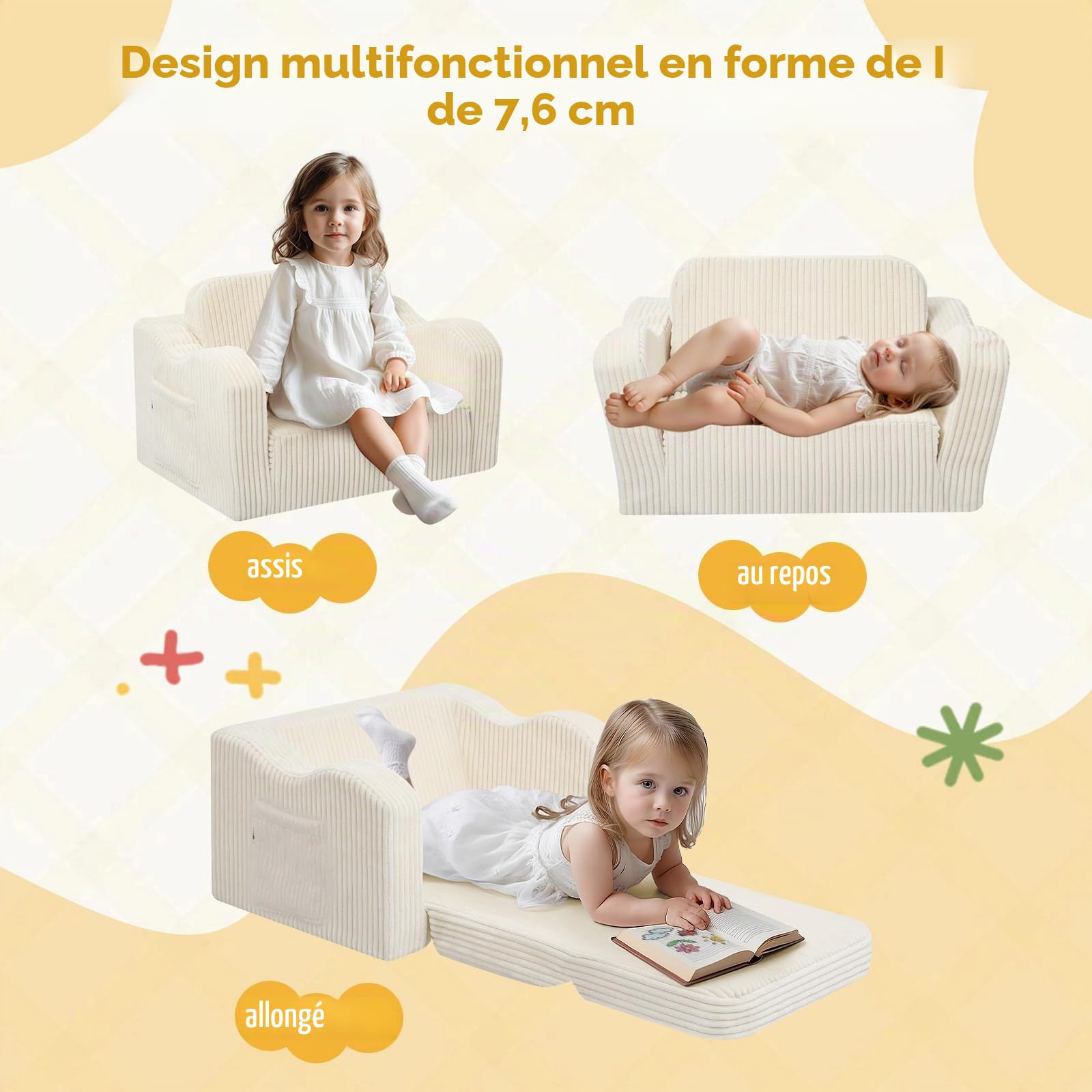 MeMoreCool Canapé enfant en velours côtelé, fauteuil pliant pour tout-petit, canapé-lit pliant pour enfant pour la salle de jeux, confortable canapé-lit convertible pour bébé pour filles et garçons