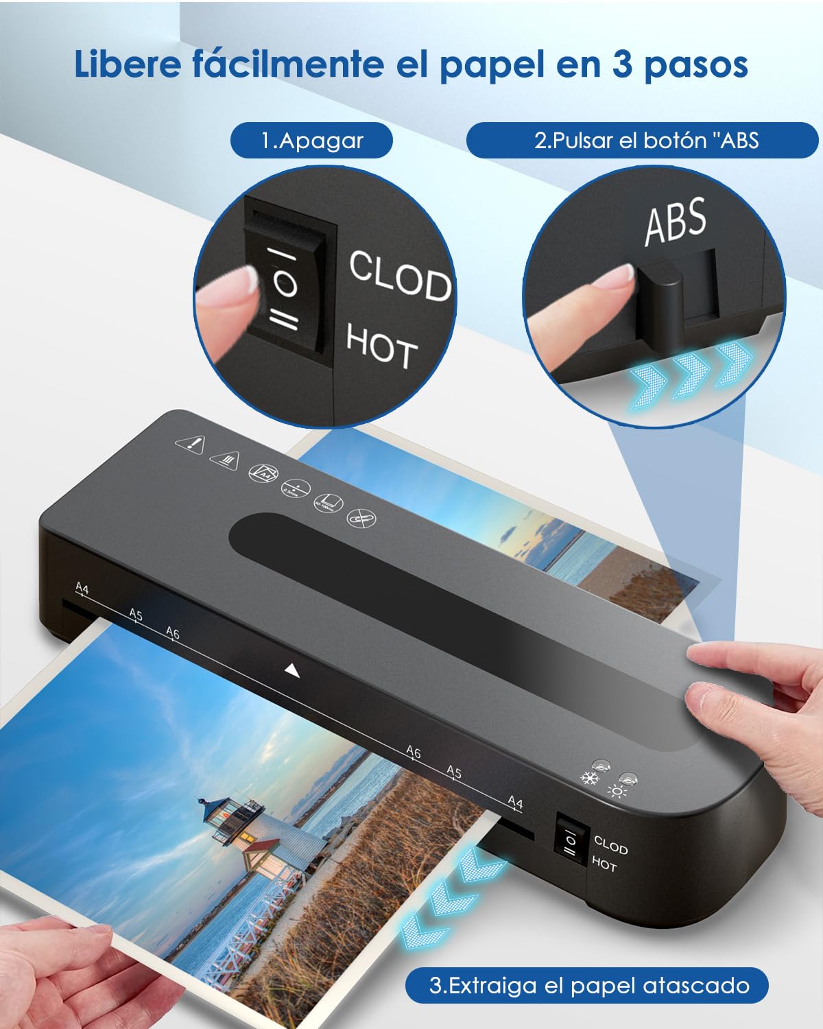 Plastificadora A4 Máquina Laminadora 4 en 1 con 30 Bolsas de Plastificación para A4/A5/A6, Calentamiento Rápido, Plastificadora Frío Caliente con Cortador de Papel y Redondeador de Esquinas