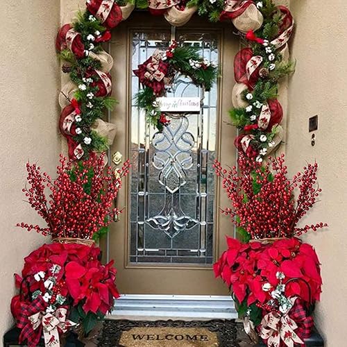 Miniatura 5 de GREENTIME Paquete de 6 tallos artificiales rojos de bayas largas falsas de 25.2 pulgadas, púas de Navidad, ramas de bayas de acebo sintéticas para