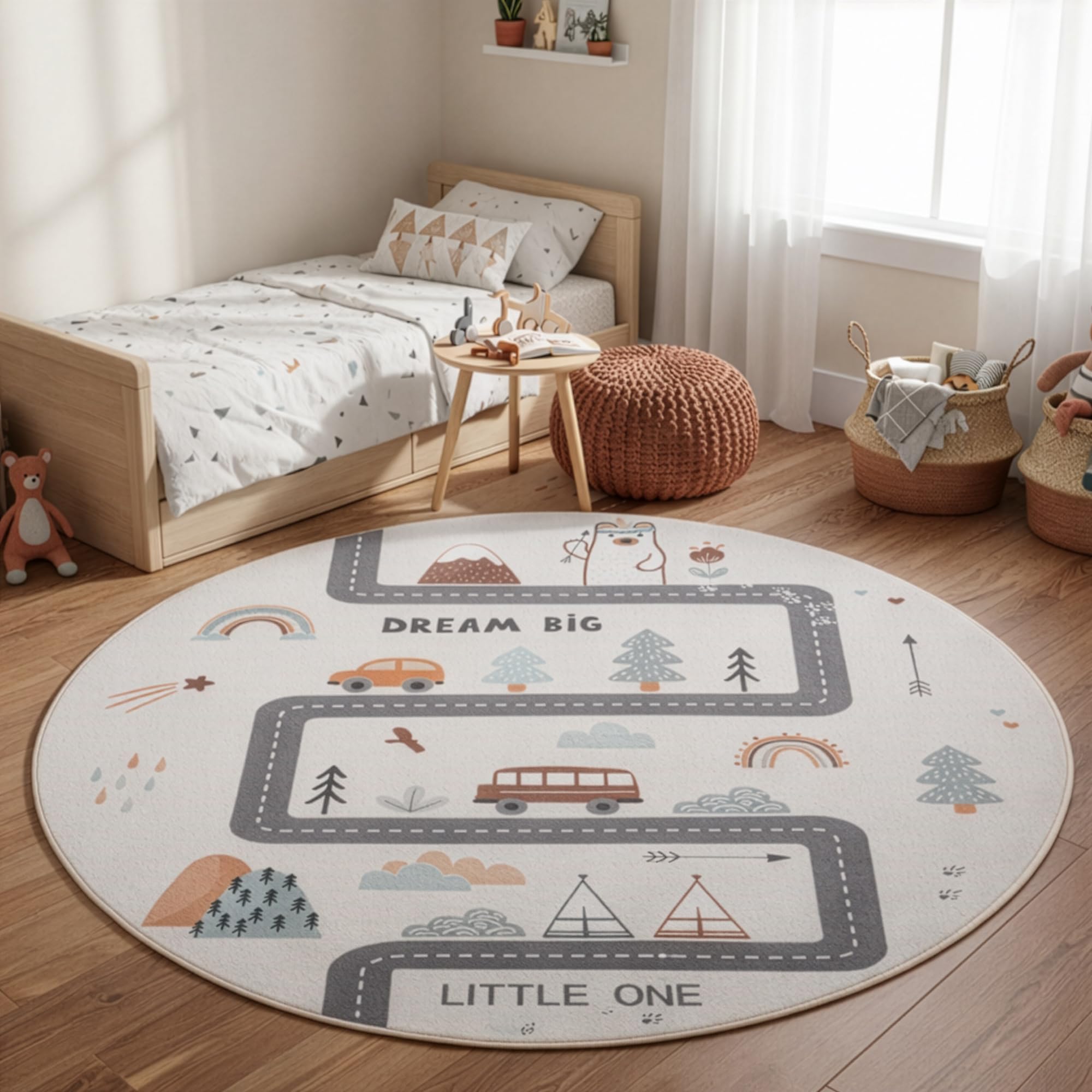 Teppium Tappeto per Bambini Strade Tappeto Gioco Rotondo 120 cm per Cameretta in Crema con Motivo Veicoli ideale per piccoli angoli gioco
