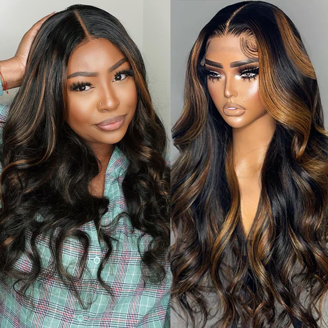 miear Ombre Highlight Lace Front Wigs Human Hair 13x6 Body Wave 1B/30 Lace Front Wig 180% Density HD Transparent Lace Frontal Wigs Human Hair Balayage