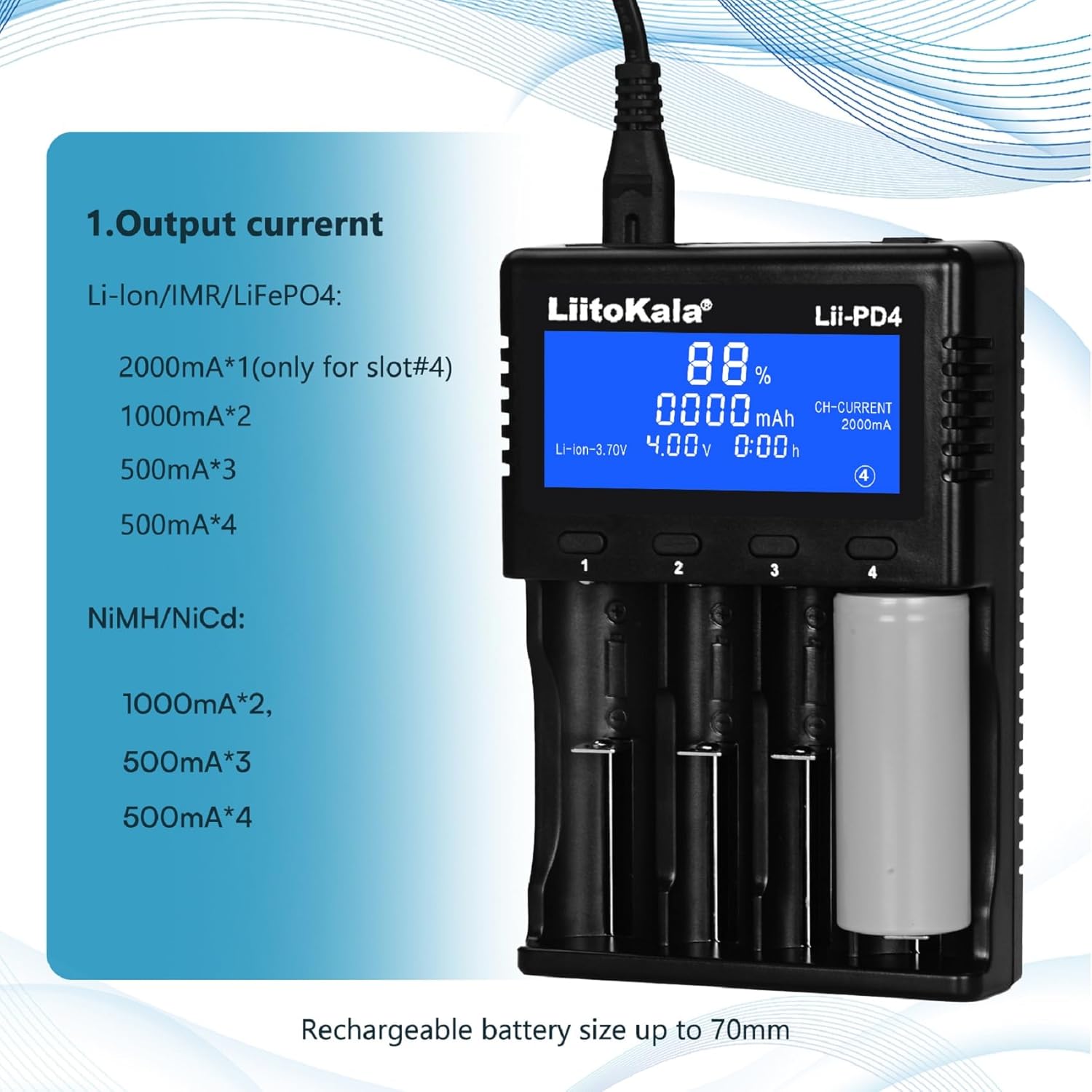 LiitoKala Lii-PD4 charger showing output current settings