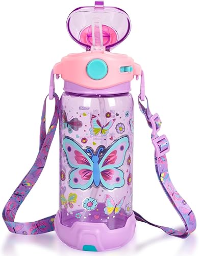 Botella de agua para niños con popote, para la escuela, niños, niñas, niños, botella de agua potable sin BPA de 22 onzas, apertura de un solo clic,