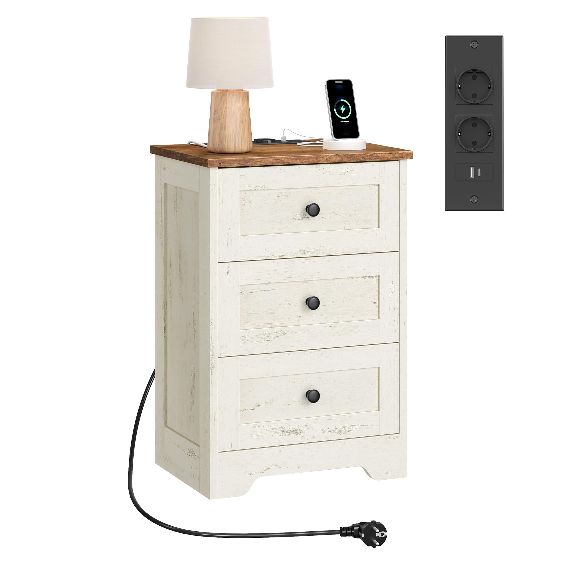 VASAGLE Mesita de Noche con Enchufes, Mesa Auxiliar con 3 Cajones y Compartimento Abierto, 40 x 30 x 59 cm, para Dormitorio, Salón, Blanco Rústico y Marrón Miel, Colección Siren LET668WJ01