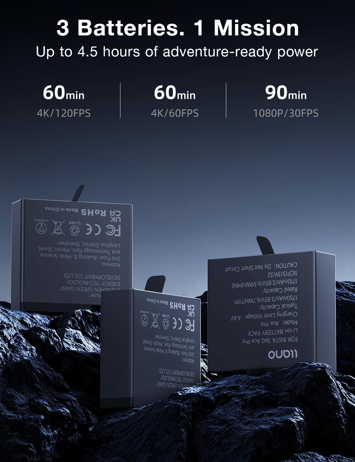 llano AC3 30W Schnellladegerät mit 3er-Pack 1950mAh Ace Pro 2 Akkus für Insta360 Ace Pro 2/AcePro/Ace Action-Kamera, Dreifach-Slot PD-Aufladung, LED-Anzeige, tragbare Aufbewahrung