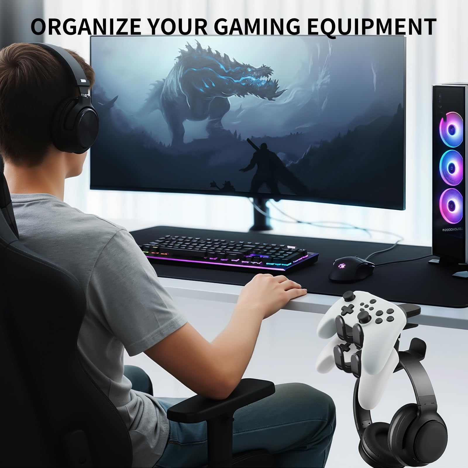 Supporto per cuffie e controller di alta qualità – regolabile a 360° sotto la scrivania gancio con gestione dei cavi, nero – accessori perfetti per scrivania e PC