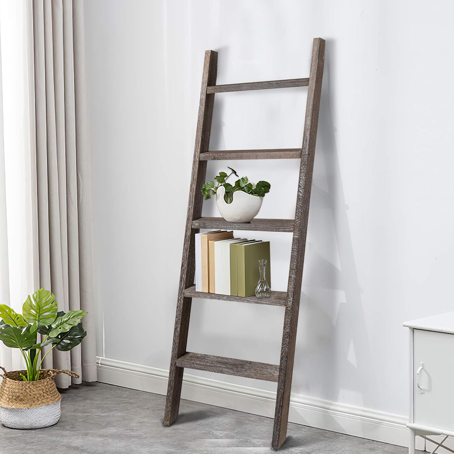 NeuType 5-Tier 63" x 22" Blanket Ladder Book Shelves Wood Blanket Ladders for The Living Room Vintage Walnut Bookshelf for Kids Bedroom Farmhouse