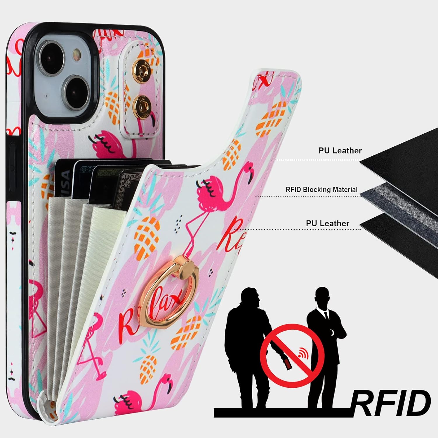 HAOPINSH for iPhone 13/ iPhone 14 Wallet Case with Card Holder, 360°Rotation Ring Kickstand, Pink Flamingo Pattern, RFID Blocking Leather for Girls Women, Double Buttons Flip Protective Cover 6.1"
