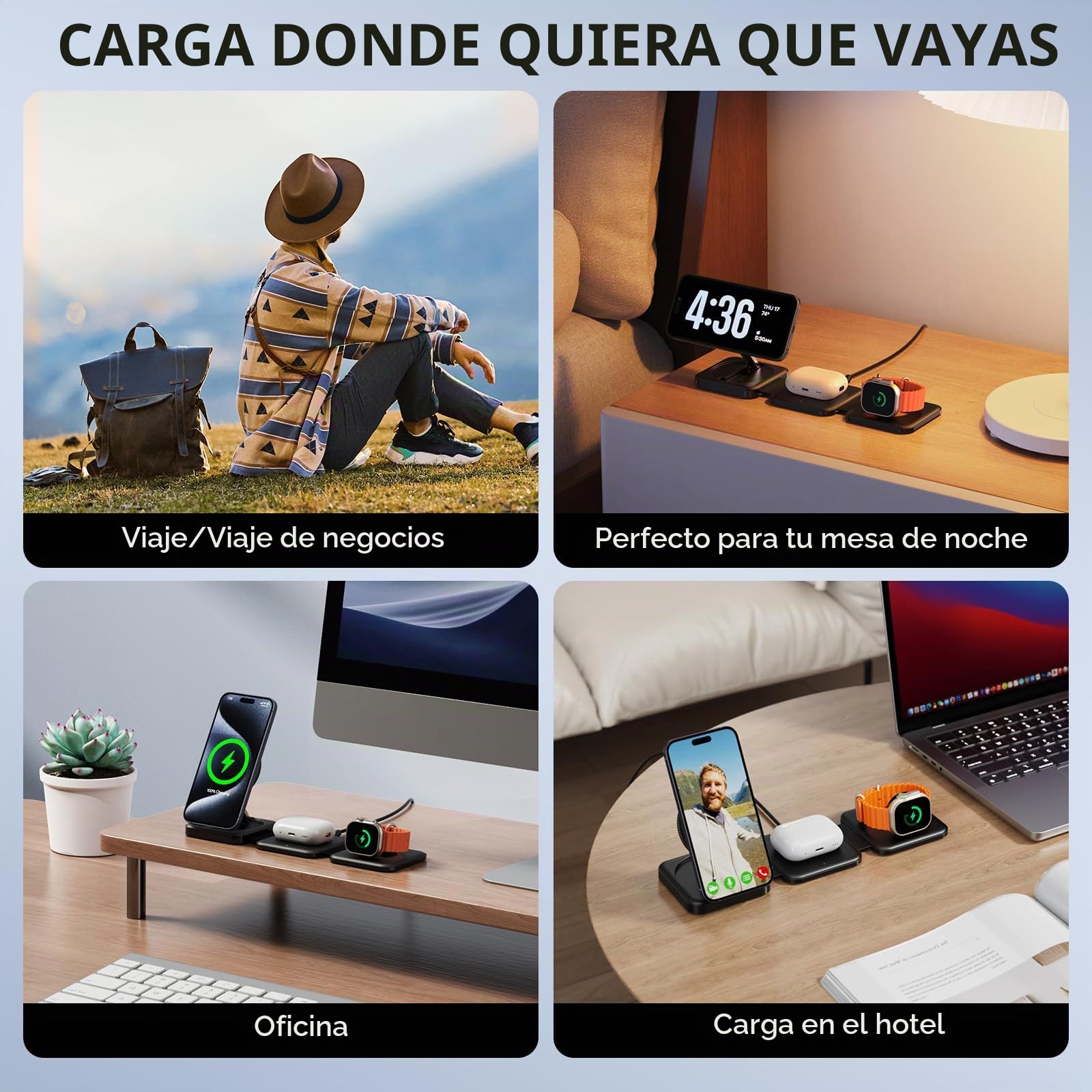 Cargador inalámbrico, 3 en 1 Caricatore Wireless per iPhone 14/13/12 Series, iWatch 8/7/6/SE/5/4/3/2, AirPods 3/2/Pro(Adattatore Include)