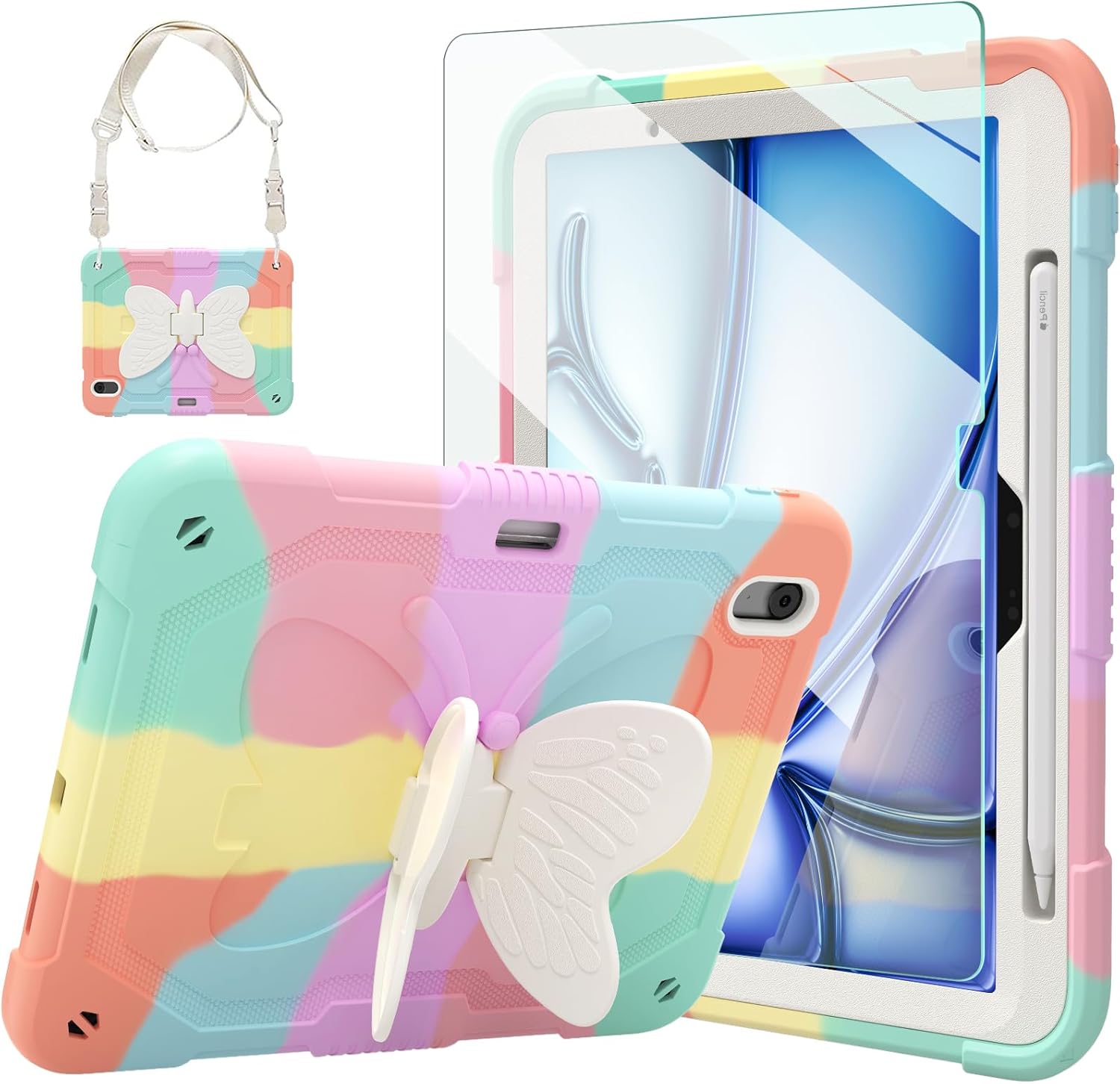 Ambison iPad Air 11 inch Case 6th Generation 2024(M2), with 9H Tempered Glass Screen Protector,Full-Body Shockproof Sturdy Cute Cover with Butterfly Wings Stand,Shoulder Strap,Pencil Holder-Multicolor