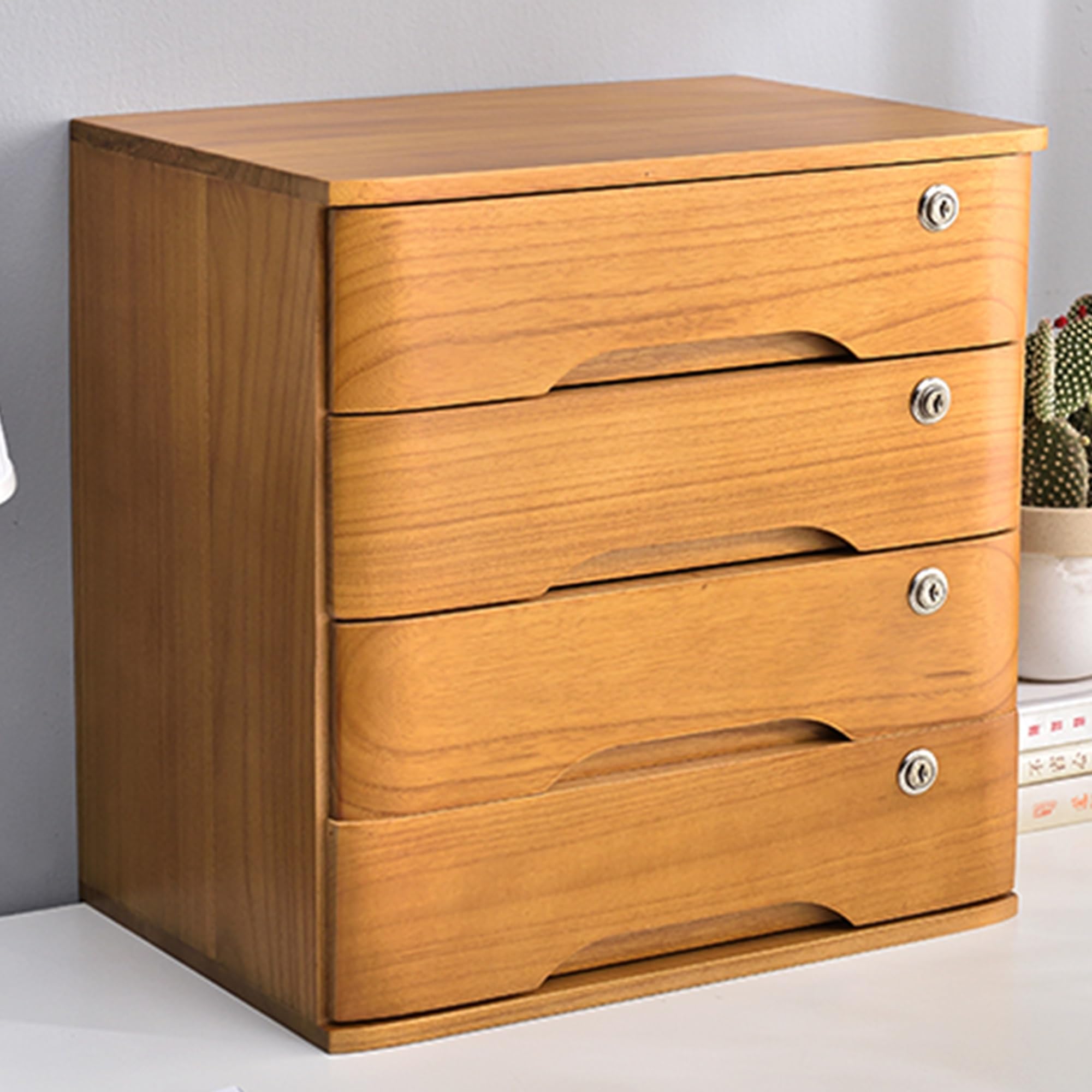 Desktop Solid Wood Storage Box - Desktop File Cabinet, Wooden Desktop Storage Box With Lockable - View #2