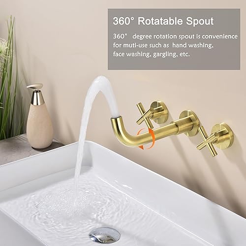 Miniatura 2 de Grifo de baño de montaje en pared dorado cepillado, grifo de fregadero de montaje en pared de 8 pulgadas con 2 manijas cruzadas y válvula áspera,