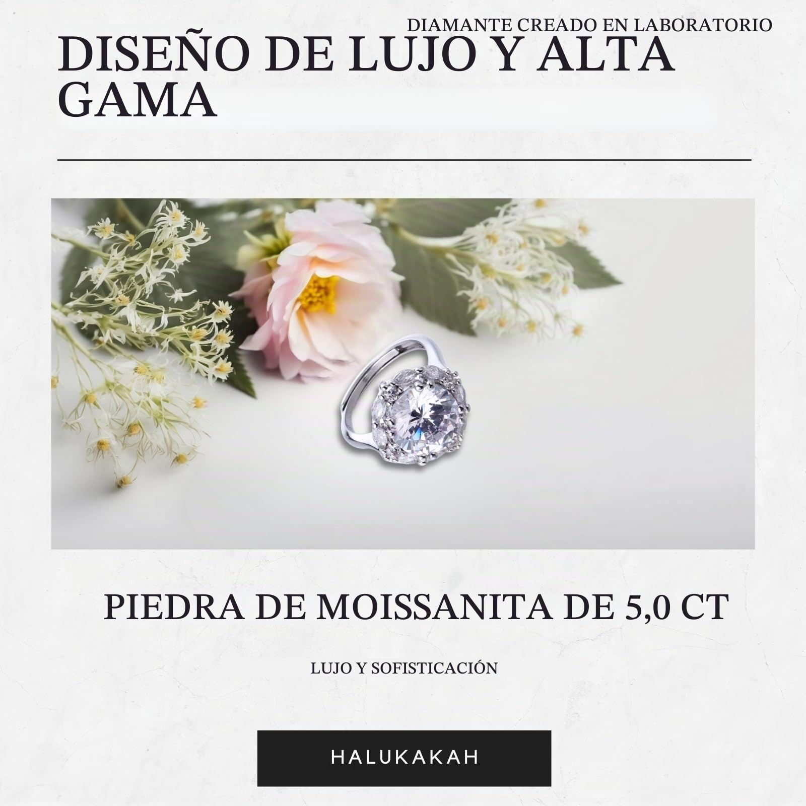 HALUKAKAH Anillo Moissanite D Color 5.0 ct Lujo,Diamante Cultivado en Laboratorio de 5 Quilates con Certificado,Plata de Ley Chapado en Platino,Ajustable,para Esposa,Novia,Cumpleaños,Aniversario,Boda