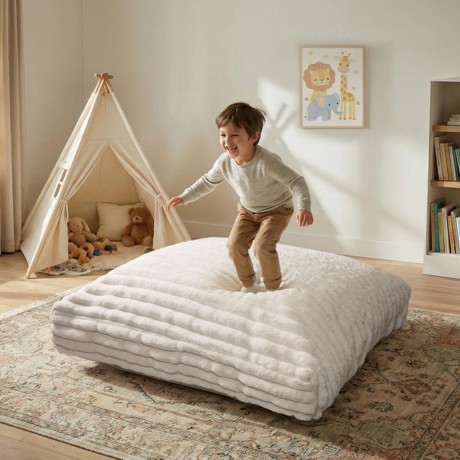 Matini Home Large Crash Pad - High-Density Foam Floor Landing Mat with Washable Cover, Professional Gymnastics Training Equipment for Impact Support, Jumping and Lounging - White Ivory, 60" X 60"