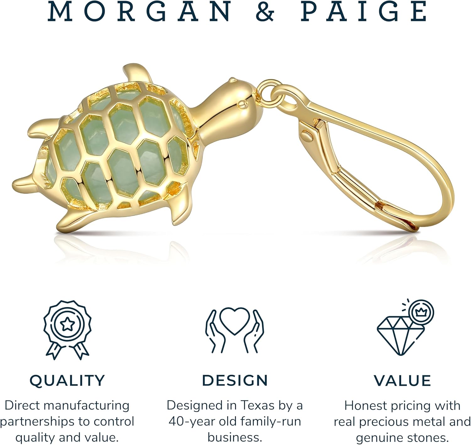 .925 Sterling Silver 14K Gold Plated Genuine Jade Turtle Dangle Earrings for Women - Sterling Silver Earrings, Hypoallergenic and Comfortable Secure Fit Jewelry for Her