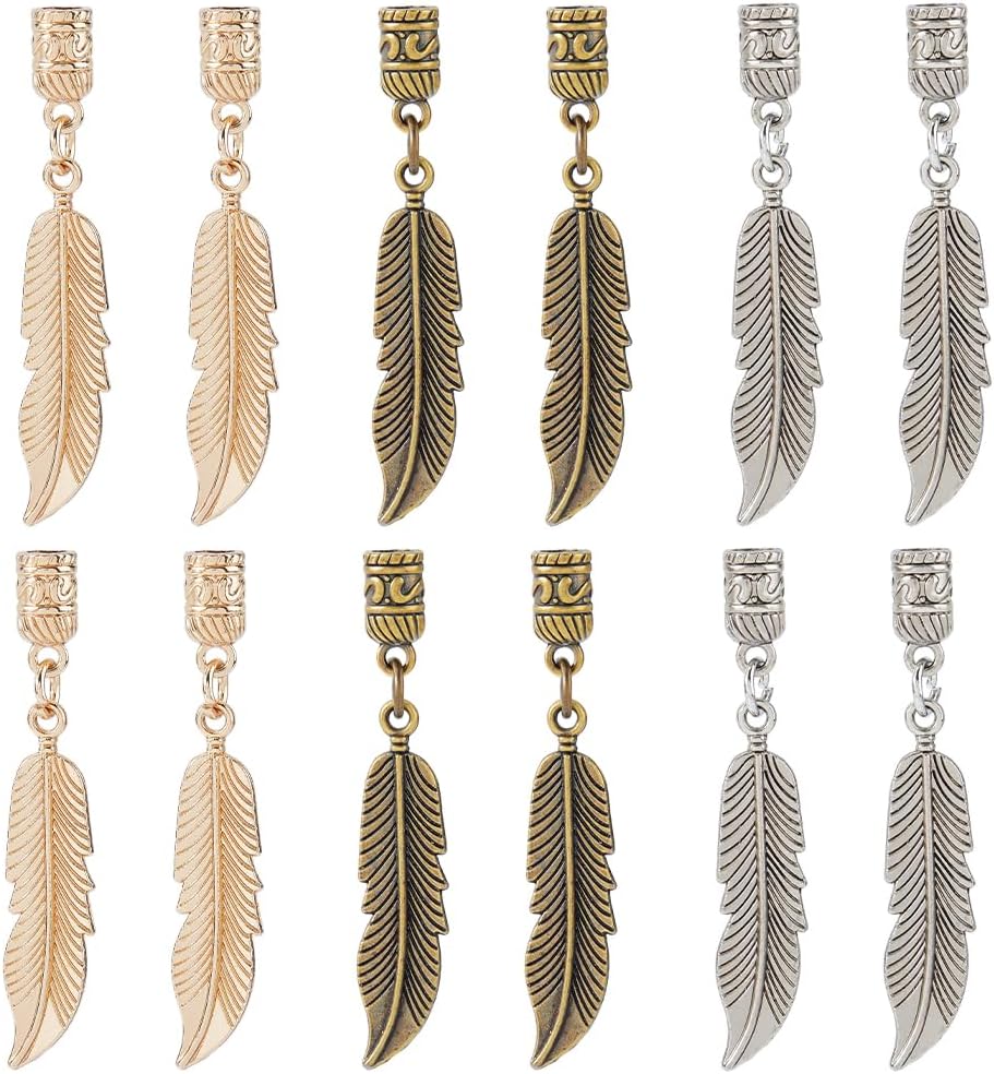 SUPERFINDINGS 12PCS 3 Colors Bolo Tie Tips 6.3cm/2.5" Alloy Feather Bolo Tie Cord End Caps Cowboy Ties Necklace Ends Cap Necktie Ends Caps for DIY Crafts Necklace Decor, 5.3mm Inner Diameter