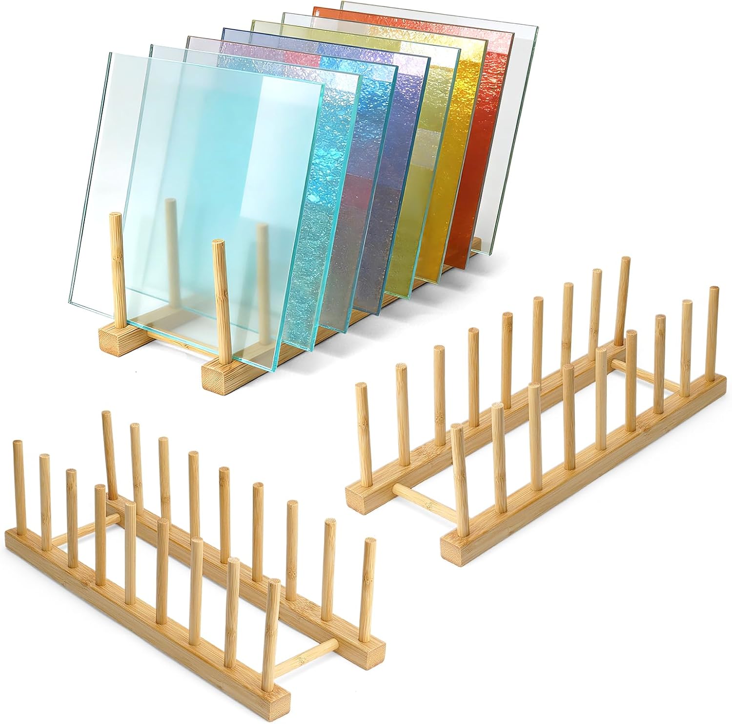 Stained Glass Organizer 3 Pack Bamboo Kitchen Cabinet Organizer Rack Bamboo Dish Drying Rack Plate Stand with 8 Slots Plate Pot Lid Organizer, Compact Drying Racks for Counter or Cabinet