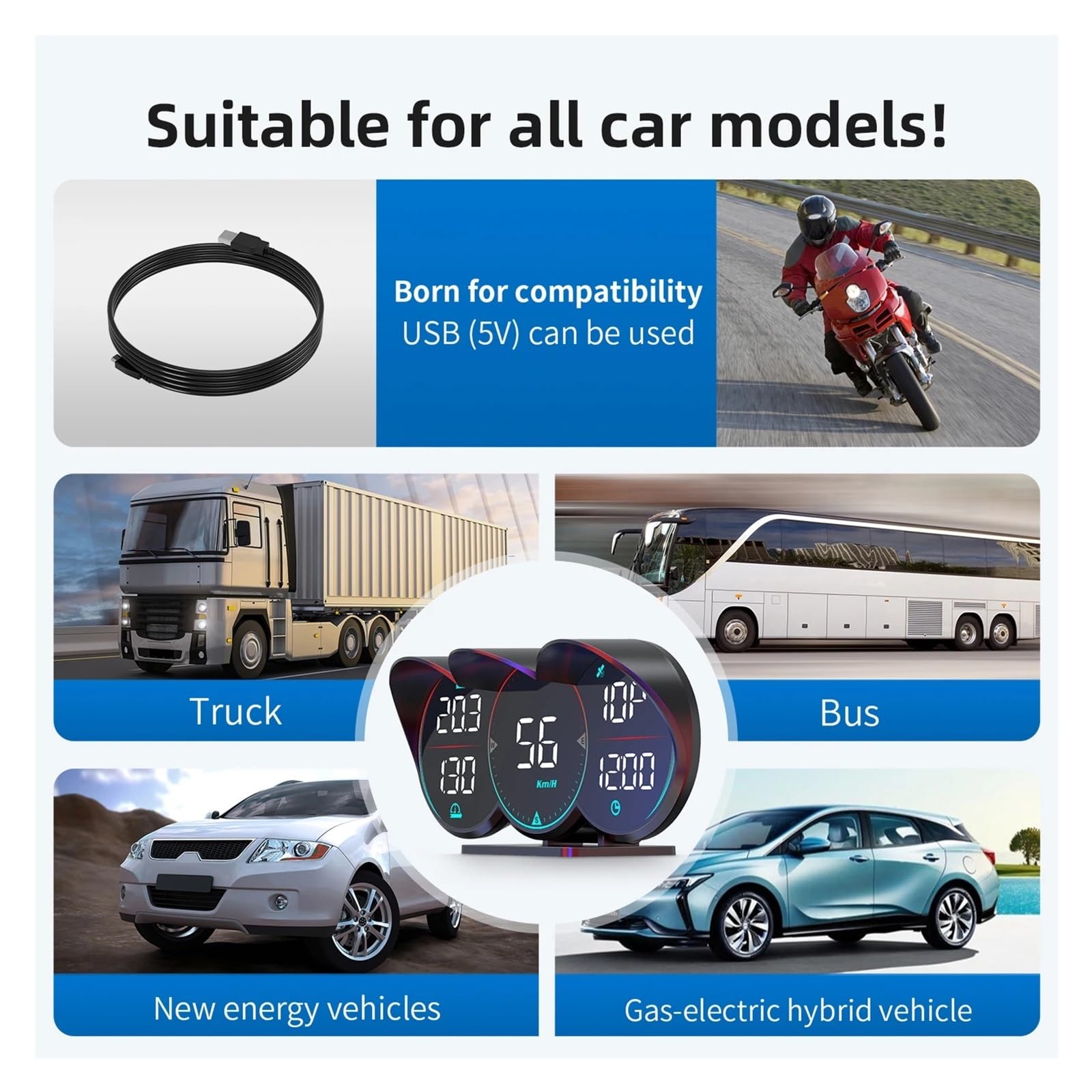 Pantalla Frontal For Coches, Velocímetro Digital GPS Universal De 5 Pulgadas Con Brújula De Velocidad, Dirección, Fatiga para todos los vehículos