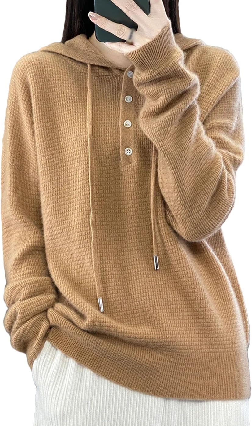 Women's 100% Merino Wool Sweater Long Sleeve Drawstring Buttons Knitted Hoodie Fashion Soft Warm Sweatshirt