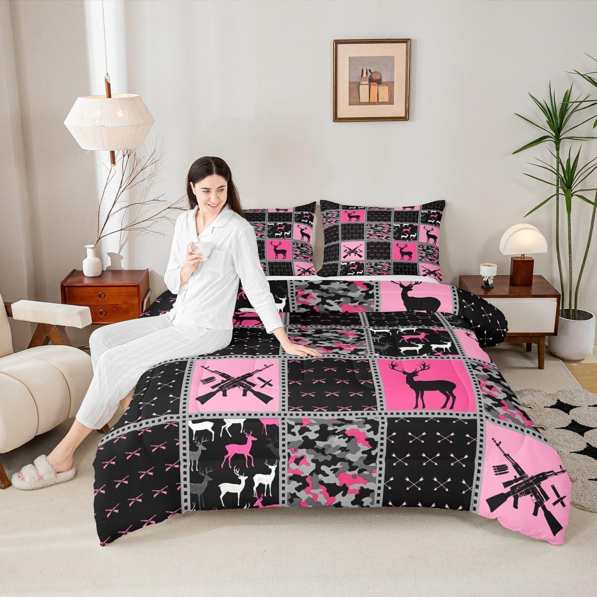 Feelyou Twin Size Cute Deer Bedding Set Boys Girls Deer Hunting Camo Comforter Set for Kids Women Men Ultra Soft Antlers Western Farmhouse Comforter Pink Black Duvet Set Room Decor Quilt Set - Image 5