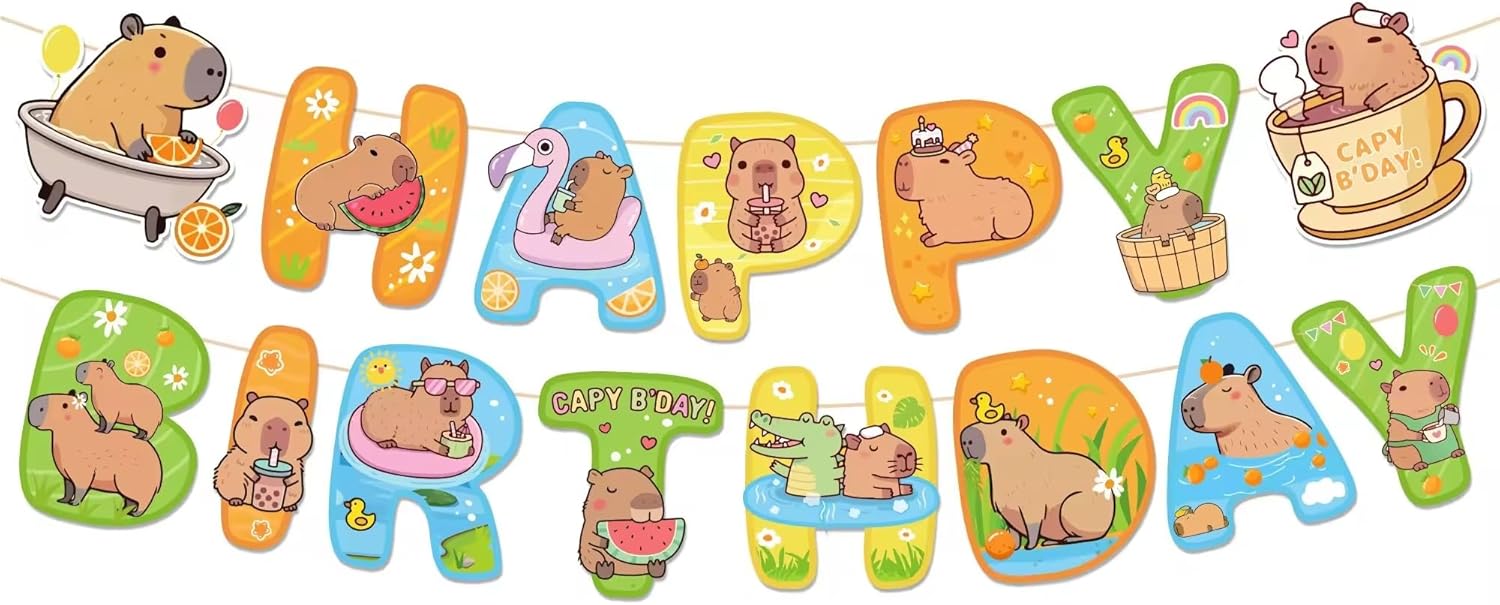 Capybara Happy Birthday Banner, Party Sign Decorations, Girl Boy Theme Supplies, Bday Kids 1st First Decor