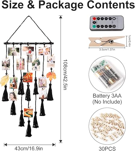 Miniatura 7 de Homecor Decoración de pared colgante de macramé negro, decoración bohemia para habitación, collage de marcos de fotos con luz remota, 30 clips,