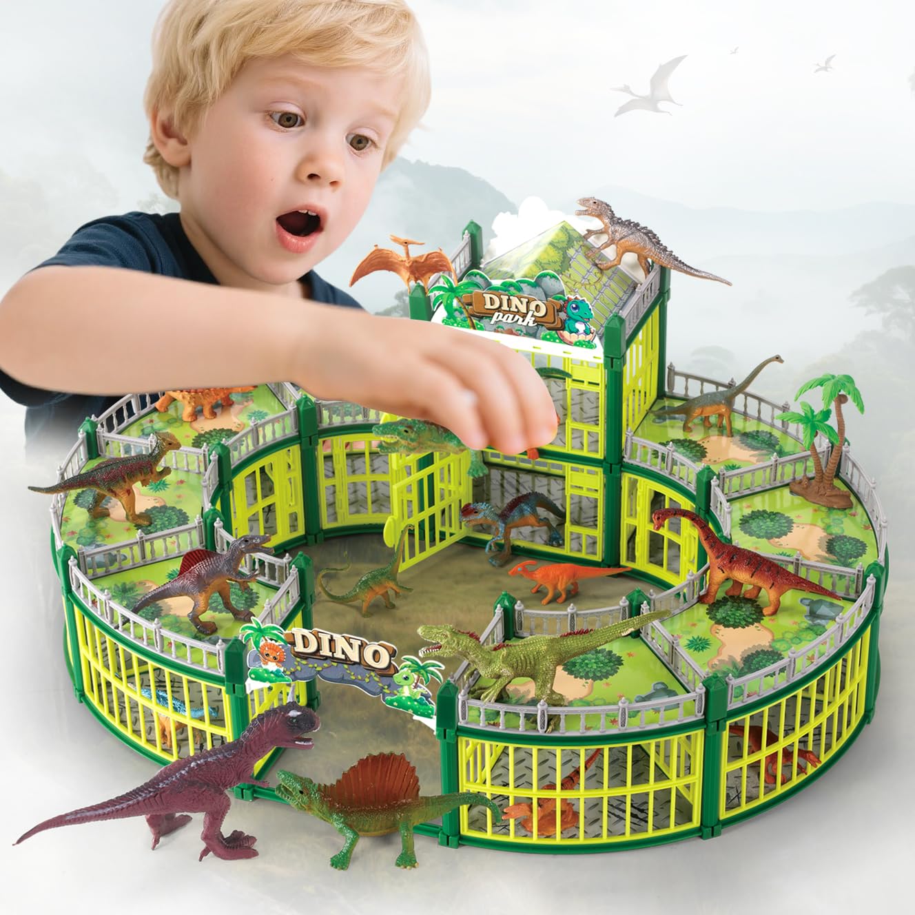 Dinosaur Playground Toy Set 215PCS β 18 Realistic Dinosaurs, Build Your Own Dinosaur Park, Interactive Play with Openable Cage & Battle Station, for Boys & Girls, Enhance Kidsβ Creativity