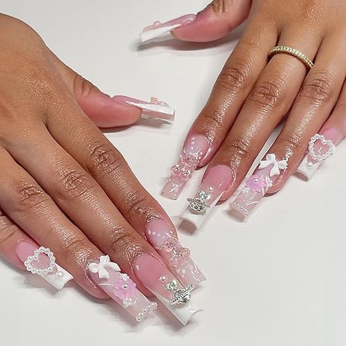 Uñas postizas largas cuadradas a presión con dije de flores, uñas postizas de punta francesa, uñas postizas de cobertura completa con lazo, corazón,