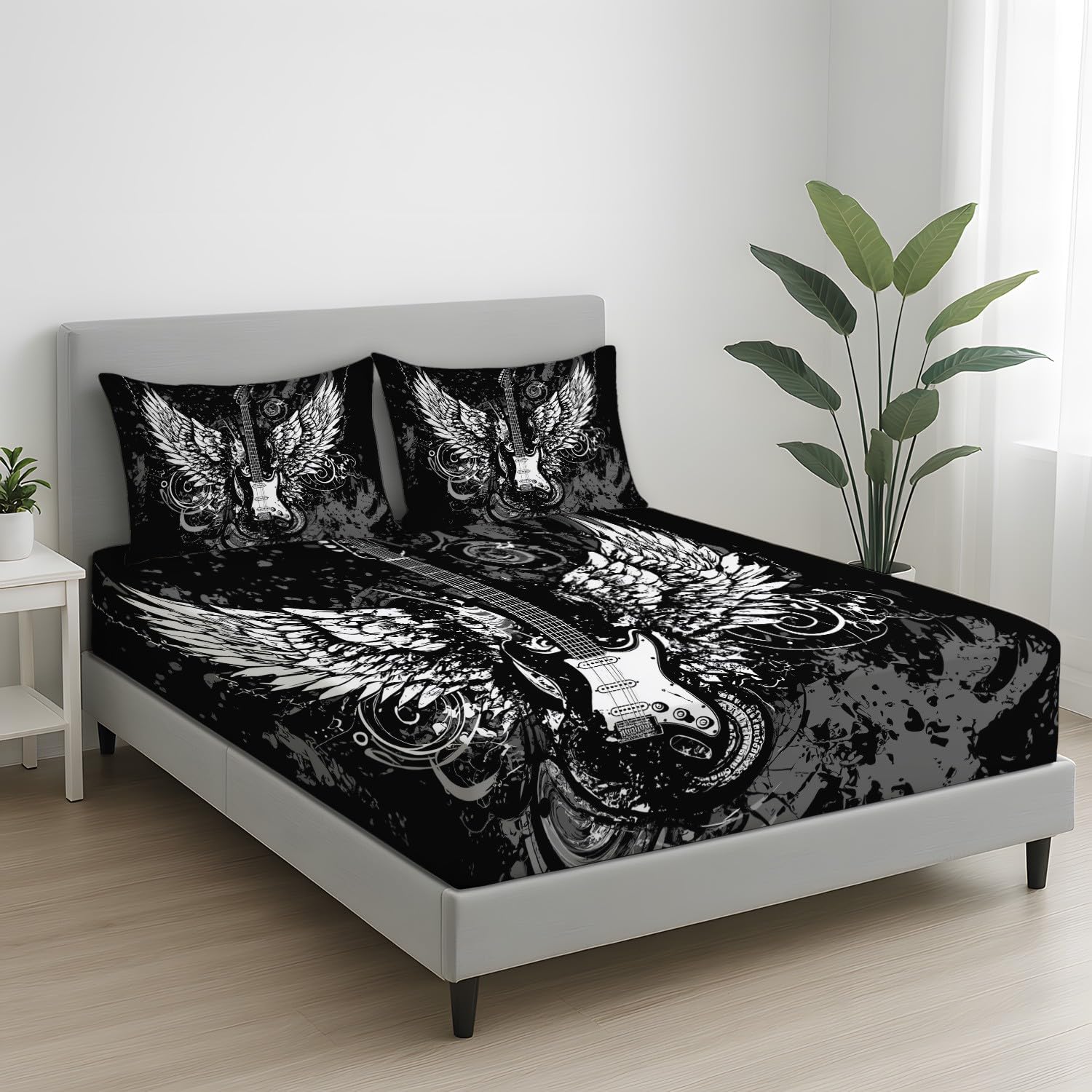 Rock Music Prześcieradło z gumką 90 x 200 cm miseczki 30 cm, zestaw pościeli z dzikimi gitarami skrzydła nutowe dla dzieci nastolatków dorosłych, miękkie prześcieradło z mikrofibry, oddychający