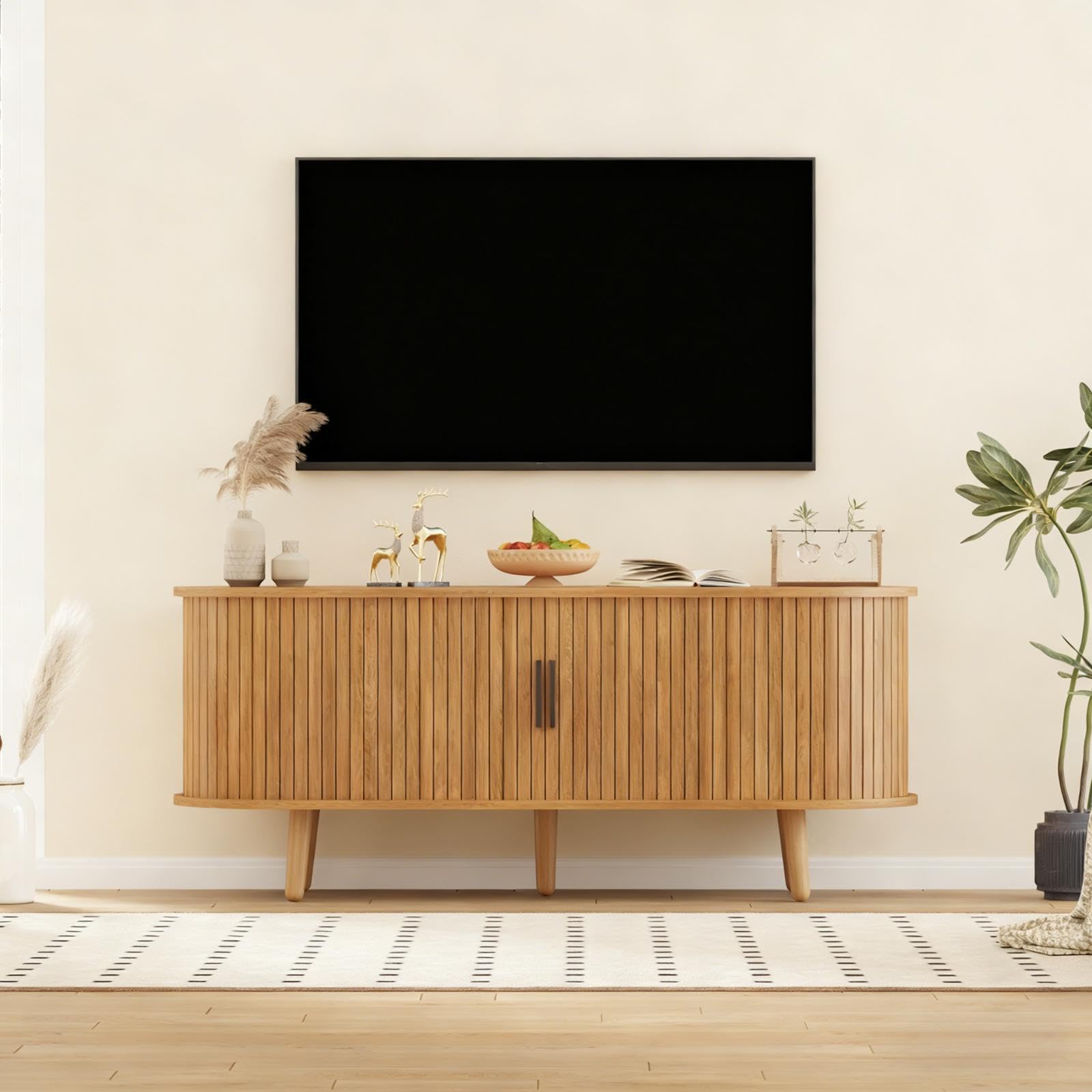 LMSXG-MZ Mid Century Modern TV Stand Media Console with 4 Storage Compartments & Sliding Doors Entertainment Center for ups to 65 Inch Tvs Wood TV