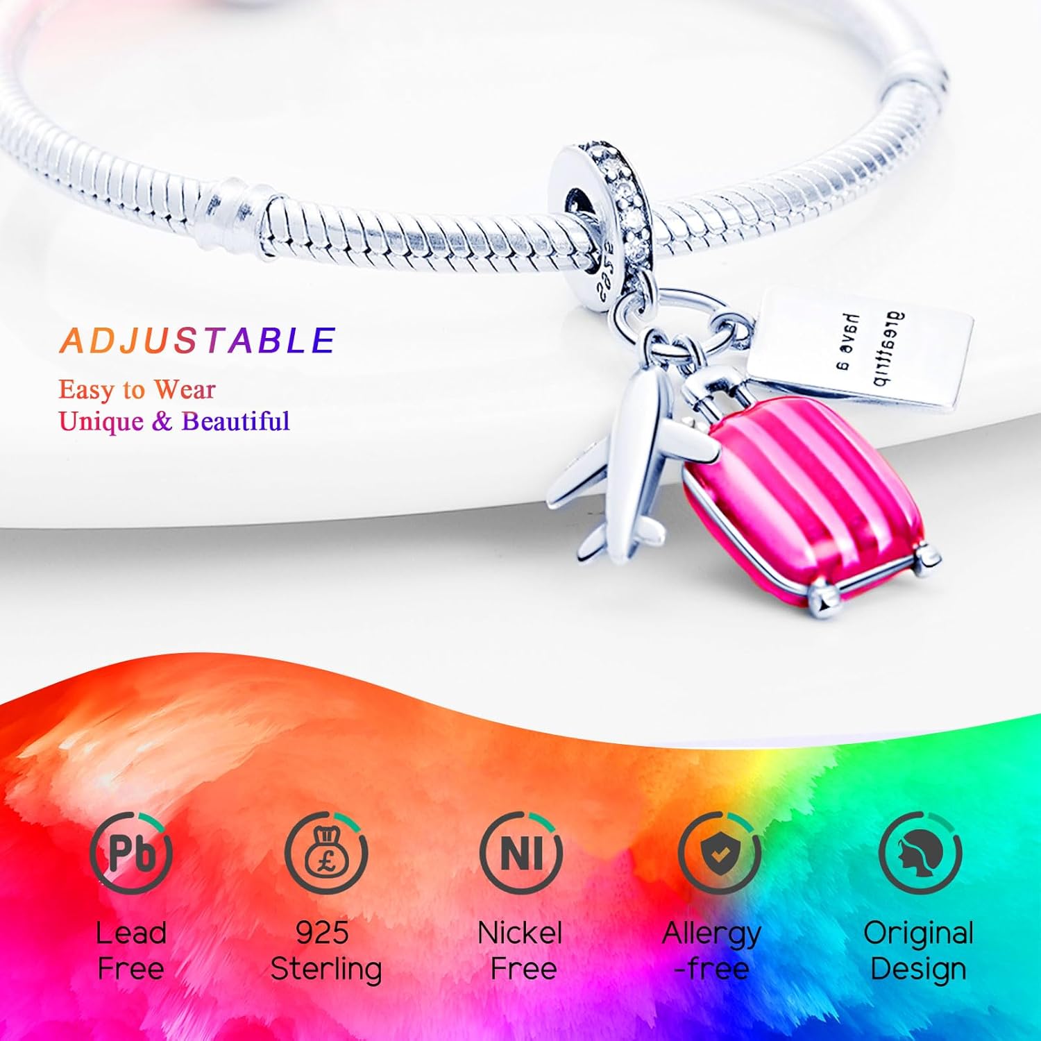 925 Sterling Silver Charms Beads for Bracelets Necklaces, Airplane Passport Sister Heart Coffee Music Book Travel Pendant, Pink Color Cute Animal Jewelry Graduation Birth Gifts for Women Men - Image 5