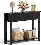 Cyclysio Wood Console Table with 2 Drawers, 32 Inch Farmhouse Entryway Table with Shelf & Thick Wood Leg, Space-Saving Sofa Table with Anti-Tip Kit for Entrance, Living Room, Antique White