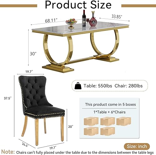 Miniatura 4 de Juego de mesa de comedor de mármol sintético, 7 piezas, juego de mesa de cocina y comedor para 6, mesa de comedor rectangular blanca de 70 pulgadas