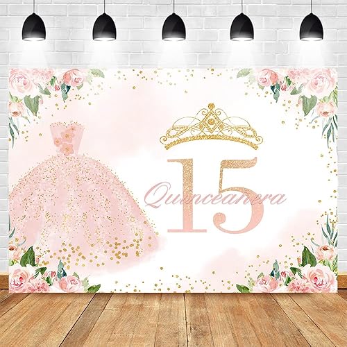 Miniatura 3 de Mocsicka Telón de fondo de cumpleaños de quinceañera para niña, decoración de fiesta de cumpleaños con texto en inglés "Mis membrillo anos", color