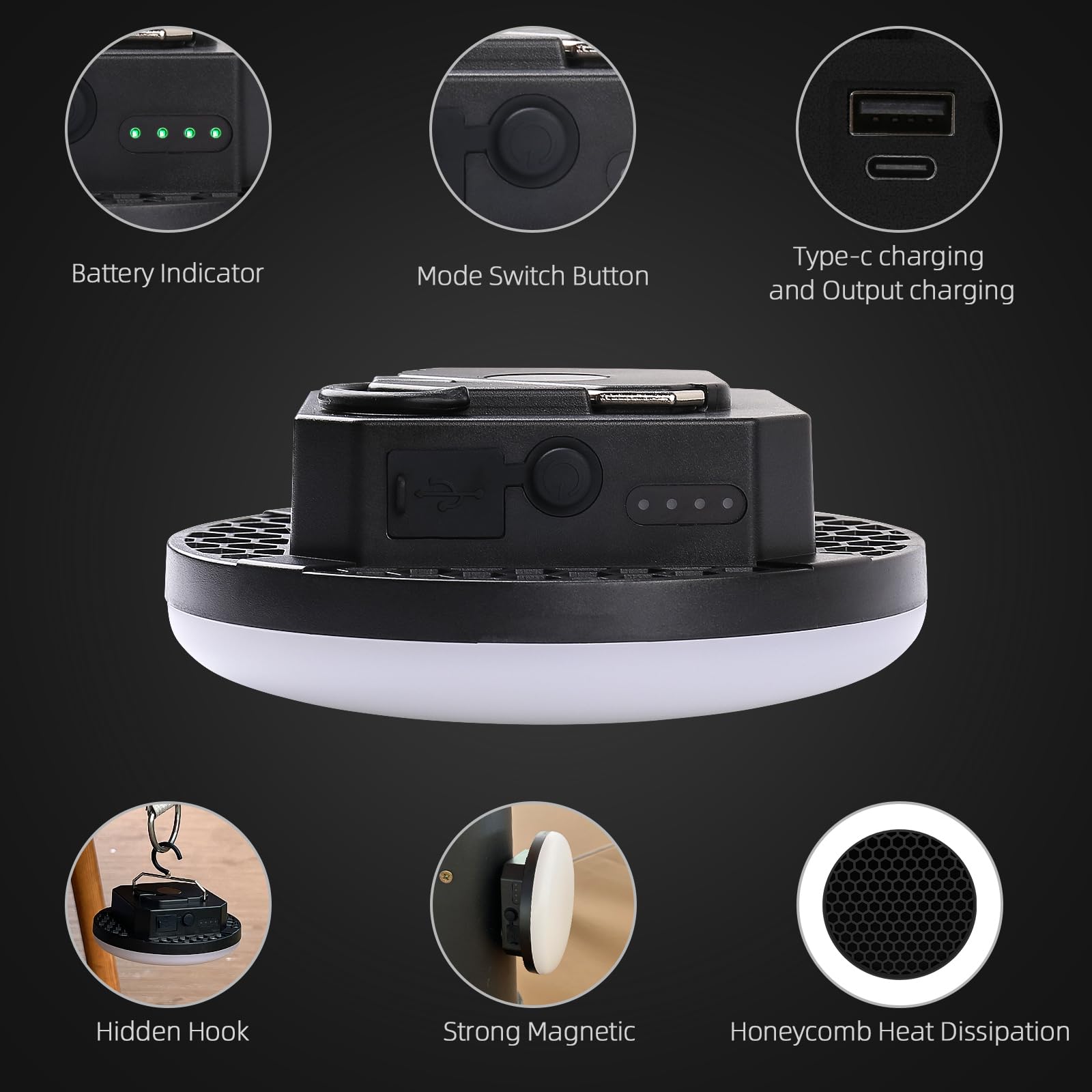 LED Glamping Zelt Licht - 4000LM Stufenloses Dimmen, USB-C Bidirektionales Laden, Magnetfuß & Faltbarer Haken, IPX5 Wasserdicht für Camping, Hinterhof & Stromausfälle