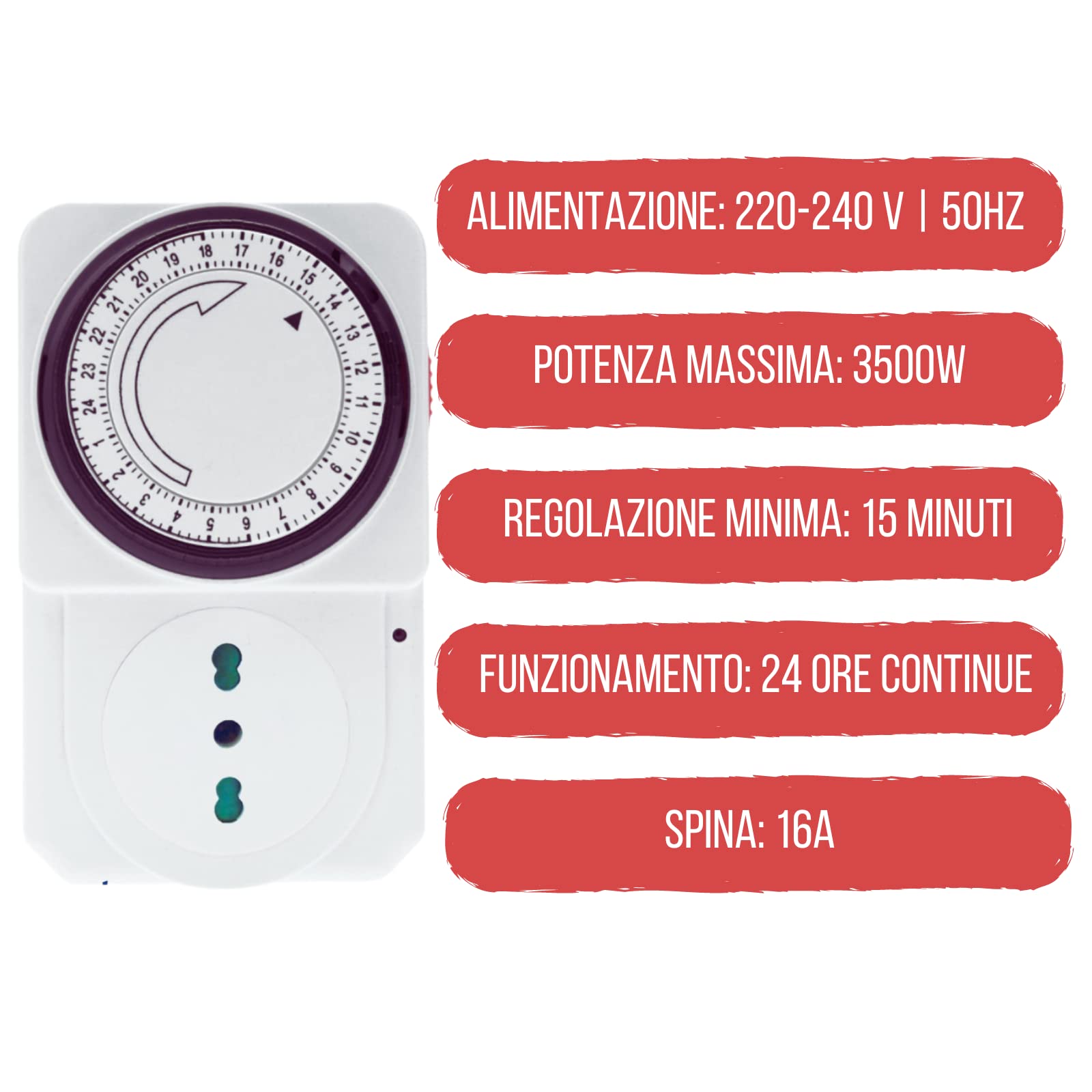 SQUADO - Presa Elettrica Temporizzata Timer 24 Ore Programmabile Presa di Corrente con Temporizzatore Regolabile Meccanico Giornaliero Spina Italiana Bianco