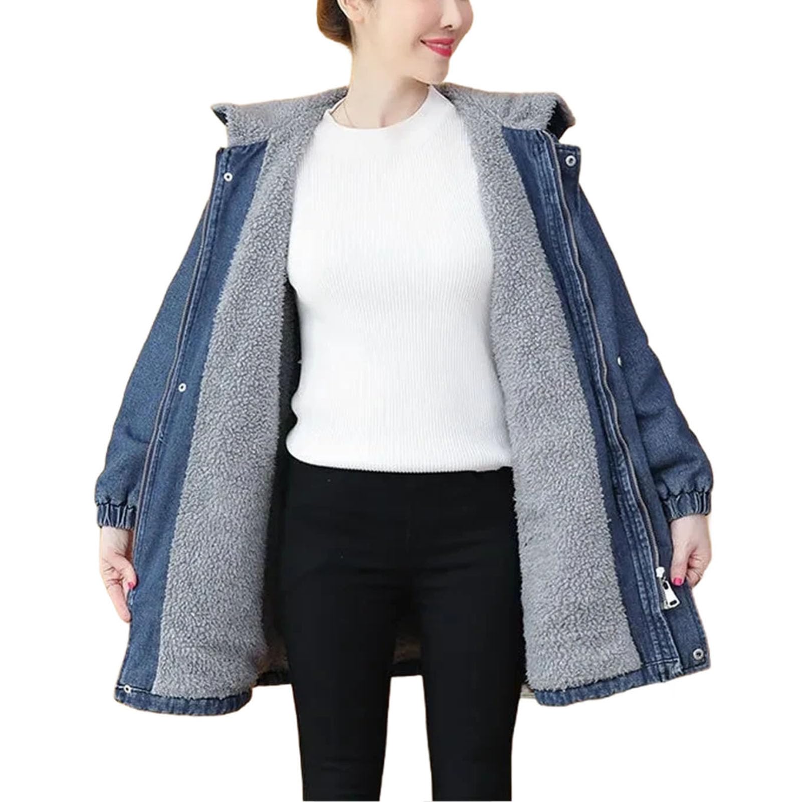 Chaqueta vaquera con capucha y forro polar grueso y cálido de invierno para mujer abrigo vaquero con capucha y forro polar de longitud media ajustado de talla grande