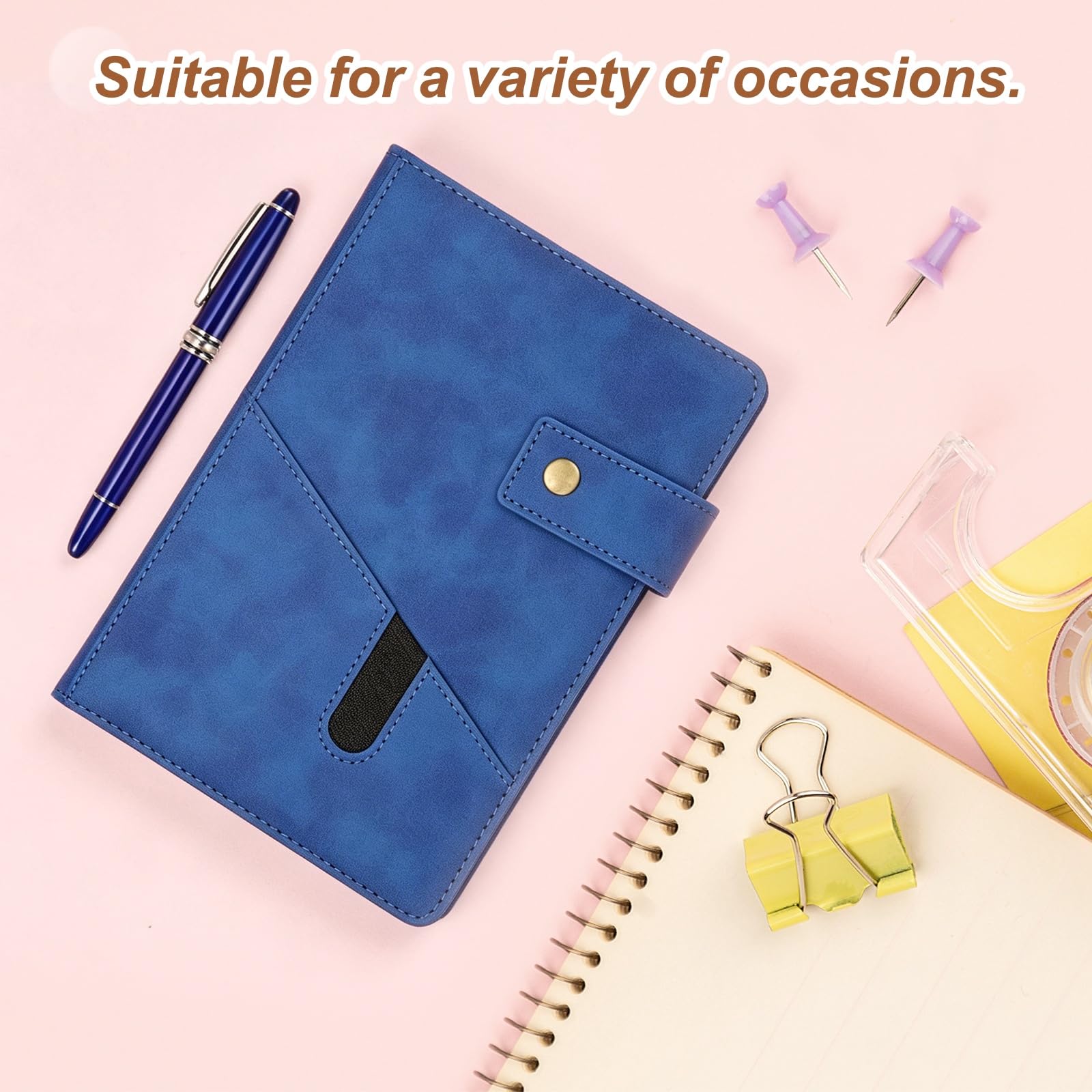 PATIKIL Diario A5 a righe in pelle, 100 g/m², 200 pagine, 15 cm x 21,6 cm, diario giornaliero con copertina rigida e penna, per riunioni, interviste, lavoro, blu scuro