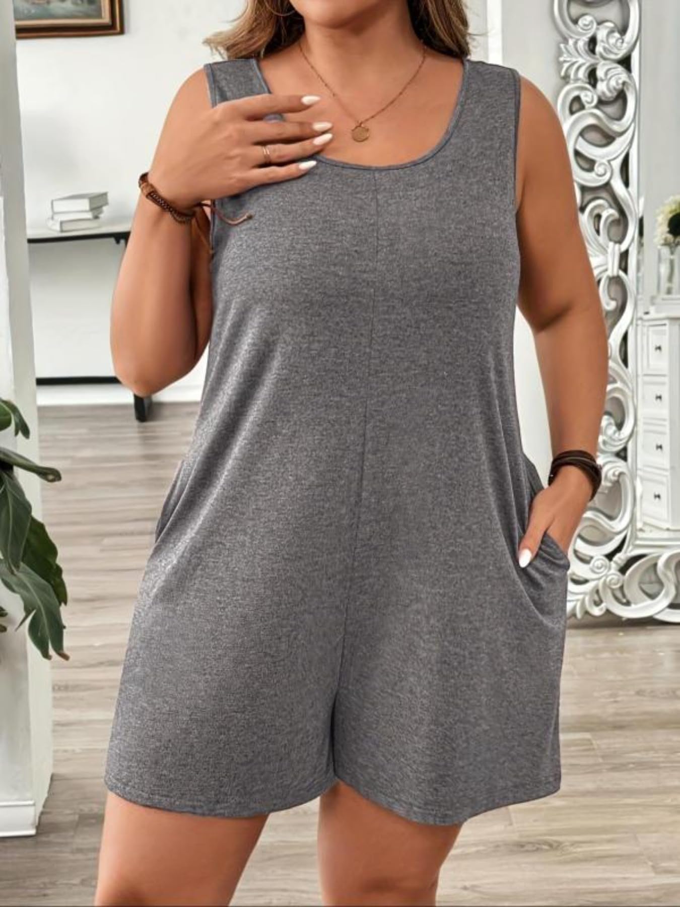 Plus Size Women's Solid Vest Romper Round Neck Jumpsuit With Pockets Elegant Casual Holidays Short Jumpsuit For Women