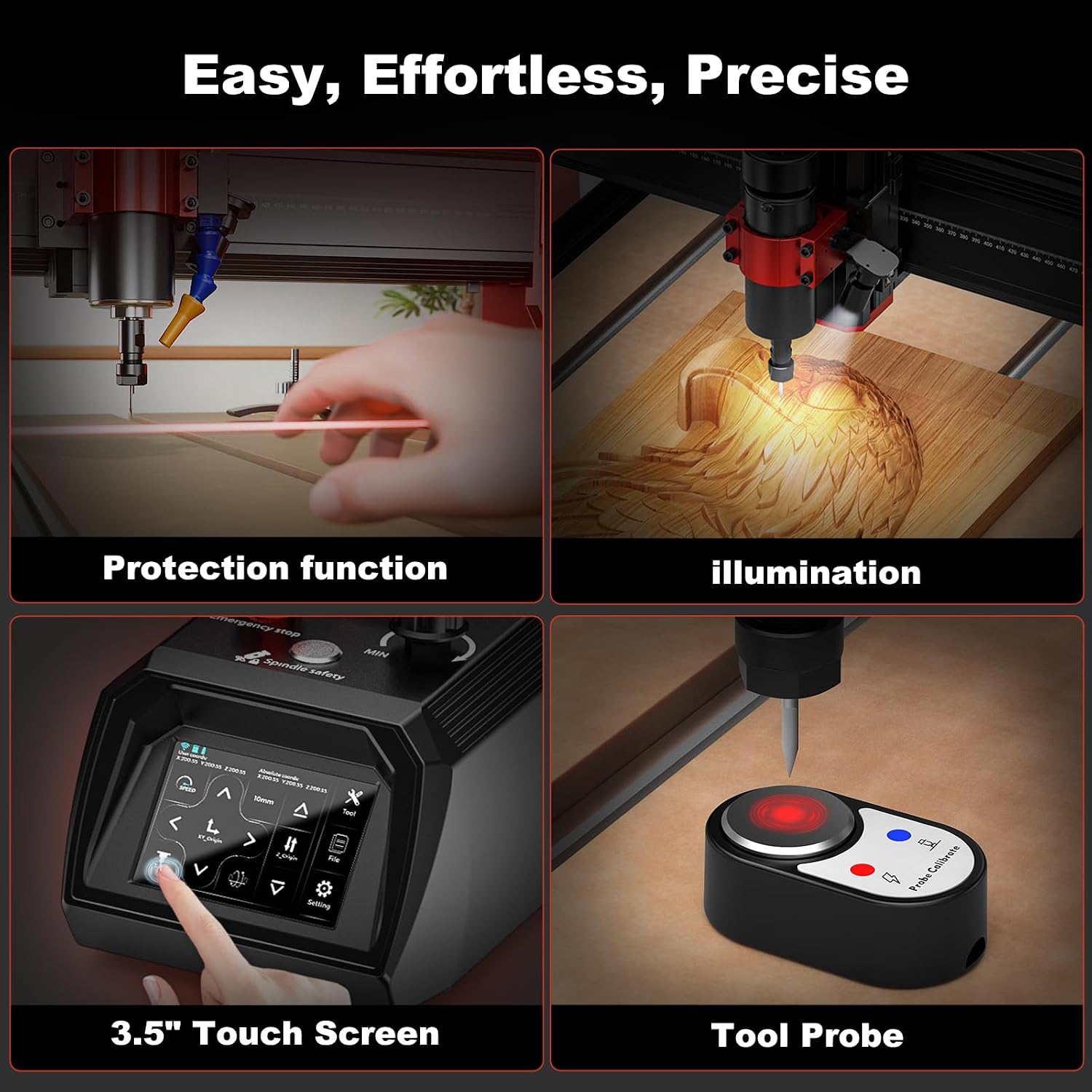 Image showing various operational features of the TTC6050, including protection function, illumination, 3.5-inch touch screen, and tool probe.