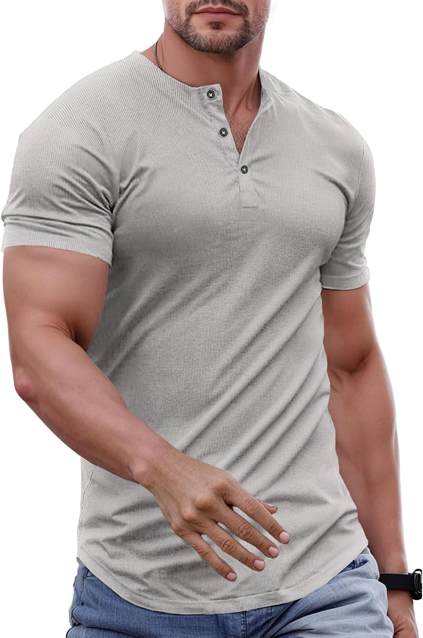 Men's Casual Short Sleeve T-Shirt Muscle Slim Henley Shirts Summer Activewear T-Shirts Longline Beach Tees