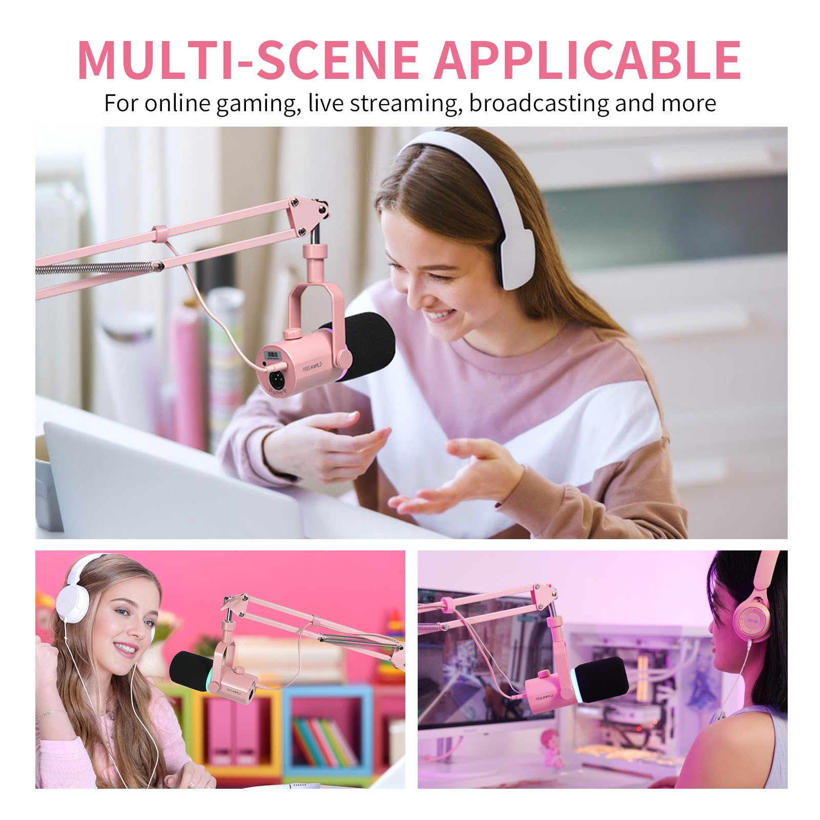 FEELWORLD AMS1 - Braccio per microfono regolabile, con vite da 3/8" a 5/8", compatibile con PM1 e altri microfoni per podcast Straming Gaming Studio (rosa)