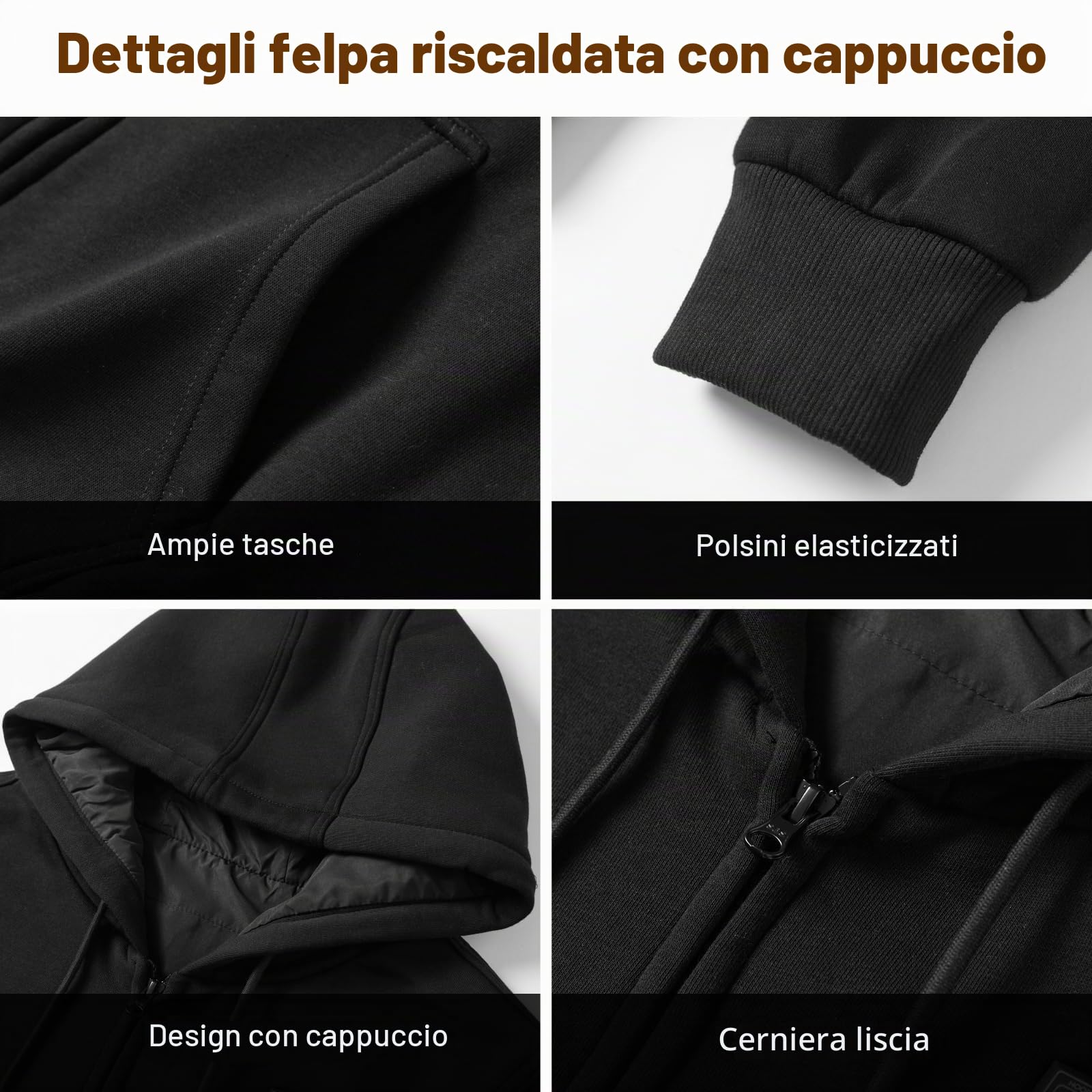 Felpa Riscaldata Cappuccio con Batteria 16000mAh per Uomo Donna, Giacca Elettrica con 6 Zone di Riscaldamento, 3 Livelli di Temperatura, Felpa Termica per Escursionismo, Caccia, Campeggio