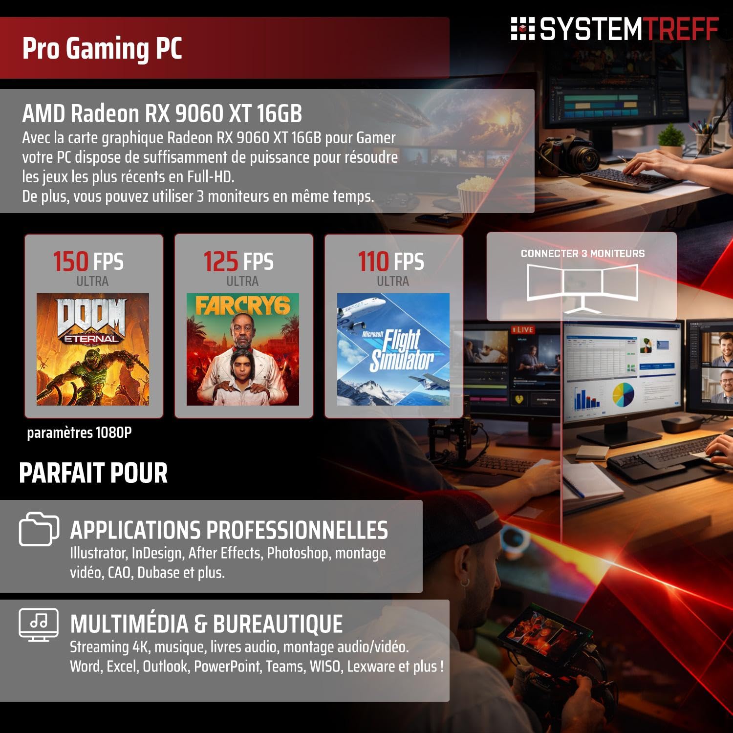 SYSTEMTREFF PC Gamer - AMD Ryzen 7 7700 - RX 9060 XT 16Go