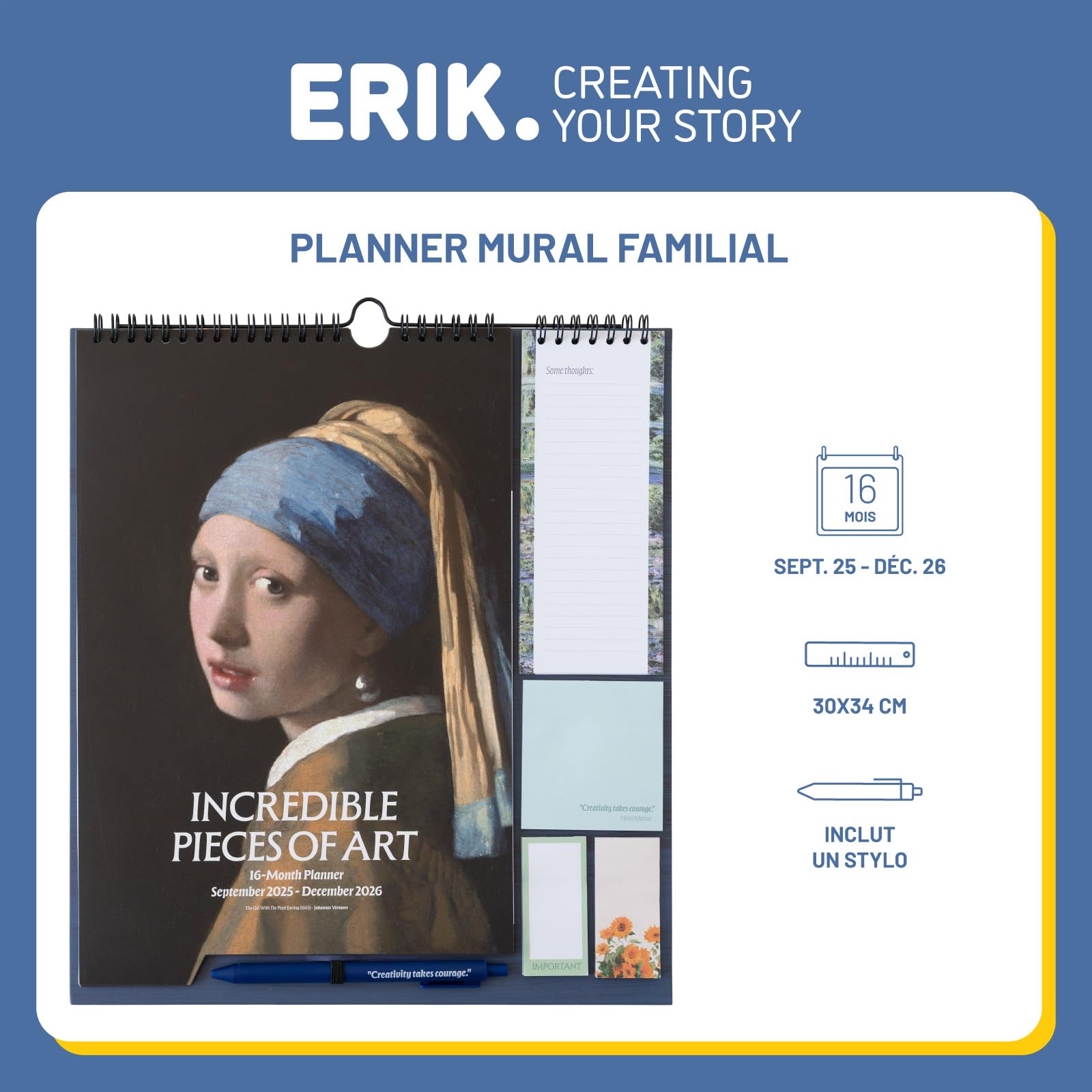 Grupo Erik Calendrier Art Planificateur Mensuel 16 mois Septembre 2025 à Décembre 2026 Familial avec Crochet