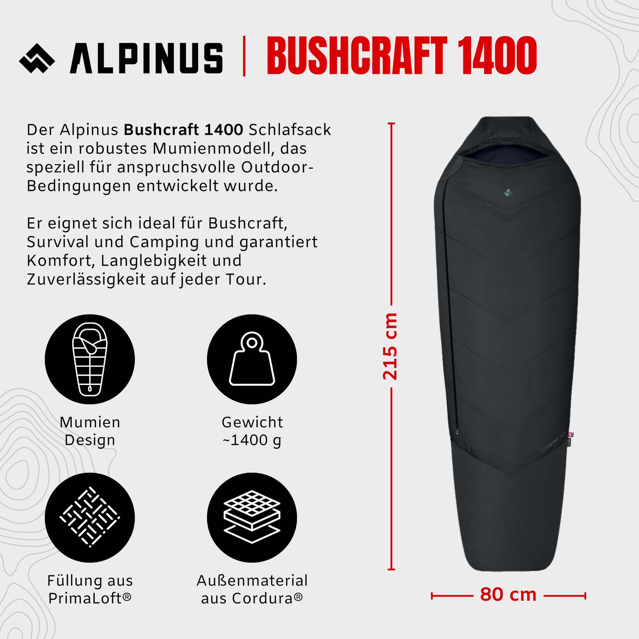 Alpinus - Śpiwór Turystyczny Bushcraft 1400, Lekki Śpiwór Typu Mumia | 215 x 80 cm, Trekkingowy, Kempingowy, Pokrowiec z Możliwością Kompresji - Zielony